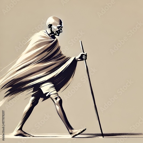 Oil painting illustration of indian famous freedom fighter walking.