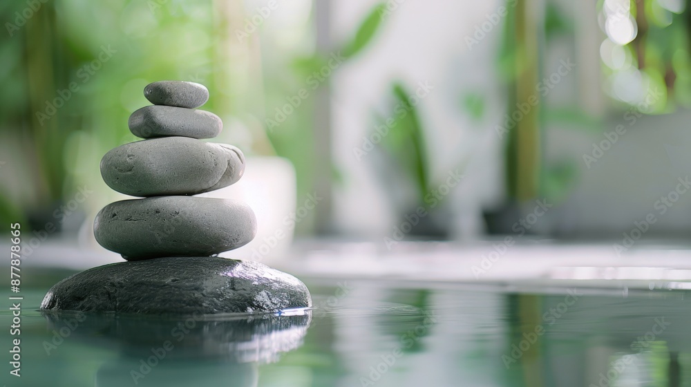 Obraz premium Zen stones stacked in serene environment with blurred natural greenery background, reflecting tranquility and balance. Perfect for spa themes.