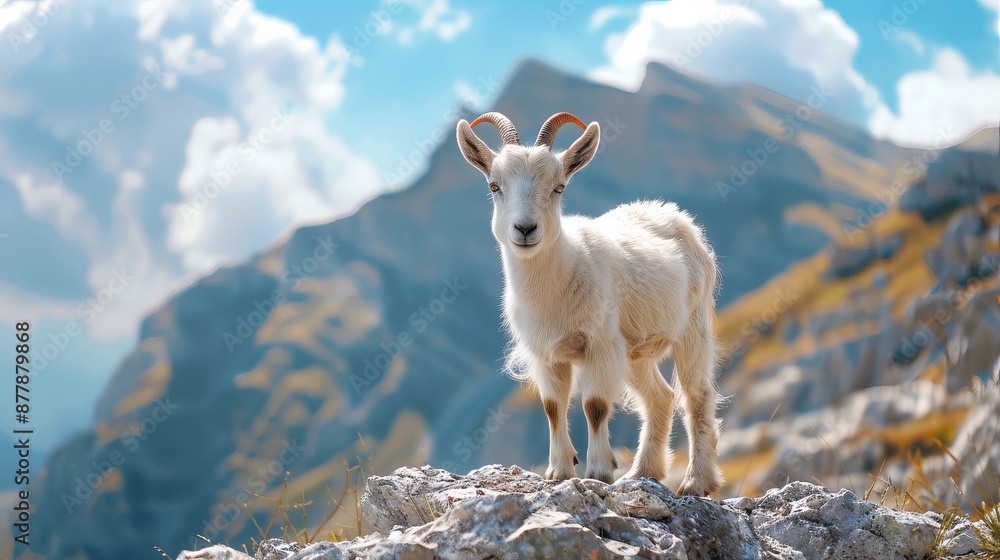 Fototapeta premium A cute goat stands amidst the serene mountain landscape, its playful demeanor and rugged surroundings capturing the essence of natural beauty and wildlife in the highlands.