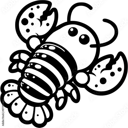 Cartoon lobster with stripes on its back in monochrome. Crayfish animal. Simple minimalistic vector in black ink drawing on transparent background