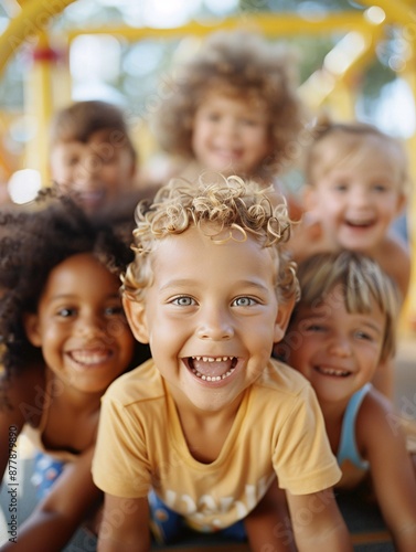 A group of children playing on a playground, showcasing interactions, joy, and diverse activities, true-to-life colors, unposed scenes