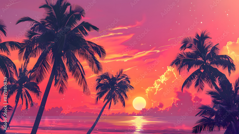A sunset on a retro-themed tropical island, palm trees bathed in the warm glow of the setting sun. A sunset on a retro-themed tropical island, palm trees bathed in the warm glow of the setting sun.