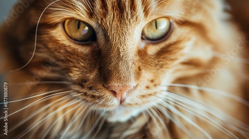 In a close-up shot, a beautiful red cat captures the camera's attention with its expressive gaze, showcasing various emotions that reflect its curious and charming personality. photo