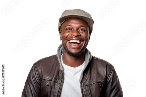 Happy smiling african american man in casual attire, isolated PNG style on transparent background for easy integration into various design projects and marketing campaigns