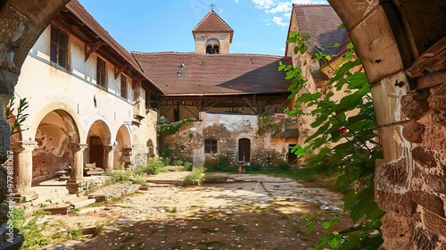 In the courtyard of the fortified Saxon medieval church in Homorod, Transylvania, Romania, stands a rare single-nave Romanesque structure, initially constructed by villagers in the 13th century. photo