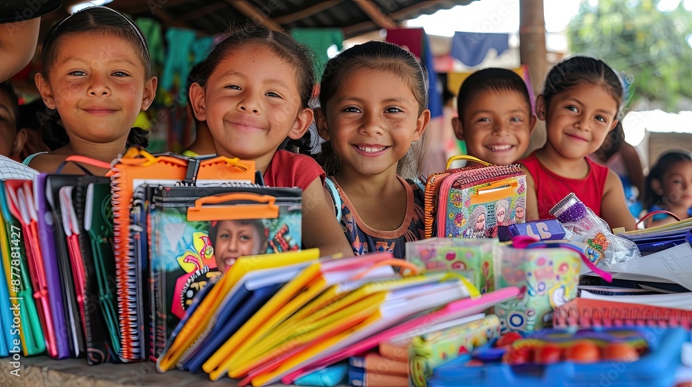 Fototapeta premium children with backpacks and school supplies sit together. Education, rural setting, childhood, and hope for a better future. Generative by AI.