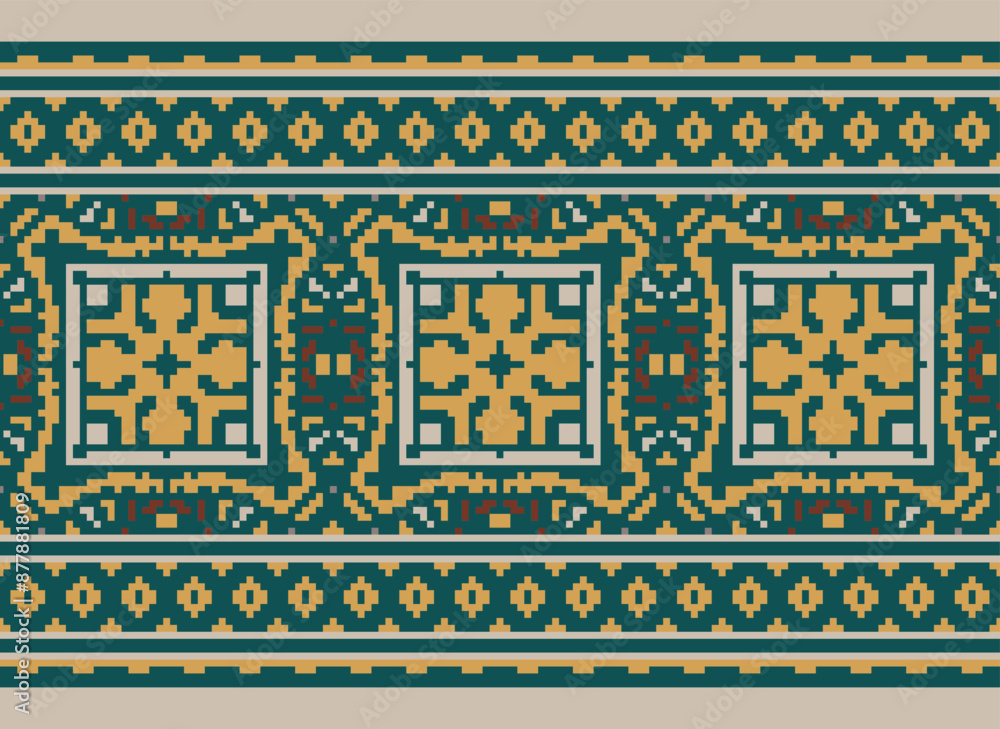 Pixel ethnic seamless pattern design. Aztec fabric mandala textile wallpaper. Tribal native motif boho ornament African American Indian folk Pixel ethnic seamless pattern design. Aztec fabric mandala textile wallpaper. Tribal native motif boho ornament African American Indian folk