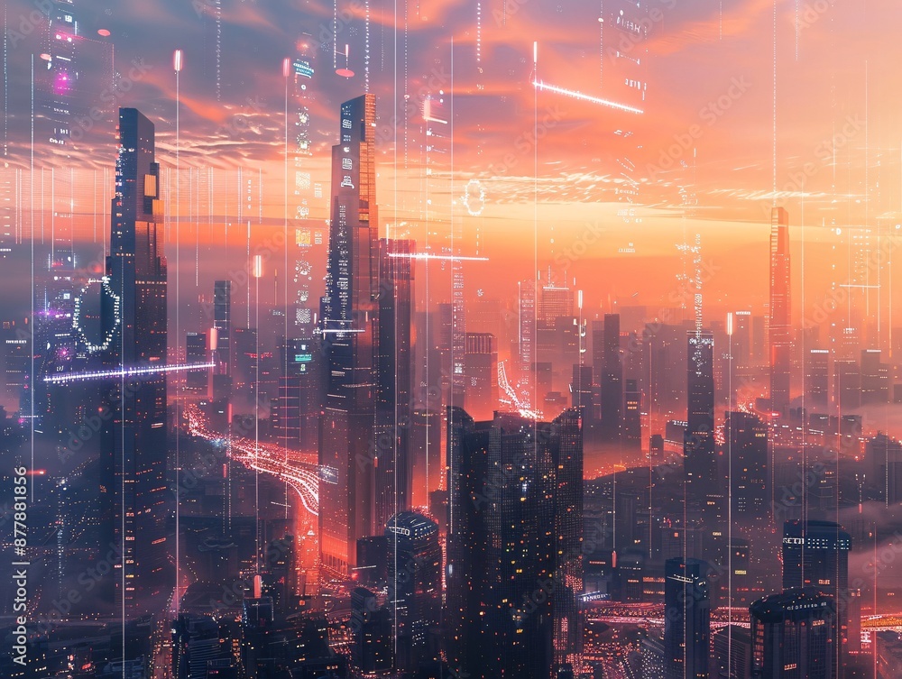 5. Futuristic cityscape during sunset with holographic projections of ...