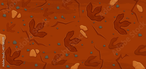Prehistoric era dinosaur fossil footprints. Cartoon vector background with ancient dino reptile animal paw prints. Jurassic archaeological and paleontology finds, feet trail impression on brown ground