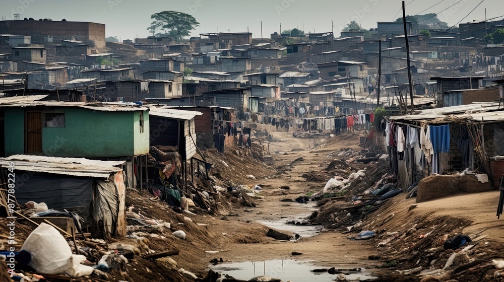 Fototapeta premium Flooded street with dilapidated houses reflecting poverty and poor living conditions in a rural area after heavy rainfall.