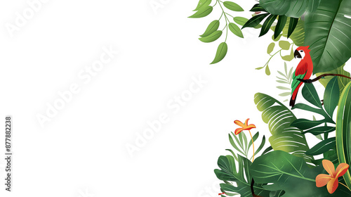 Tropical forest with  bird perched on branch. The birds are colorful. The trees are tall and green, and they have large leaves. Transparent background.