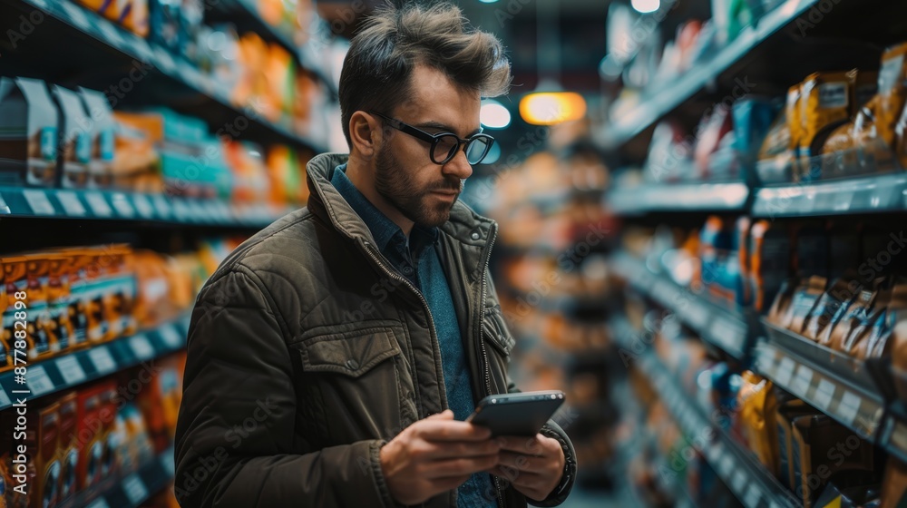 Man using phone in a grocery store aisle. Shopping for food with smartphone. Grocery shopper using mobile app. Grocery store interior with customer. Man using phone in a grocery store aisle. Shopping for food with smartphone. Grocery shopper using mobile app. Grocery store interior with customer.