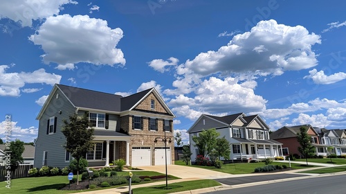 In Leesburg, Virginia, two new two-story houses stand independently under a picturesque blue sky adorned with fluffy clouds, exemplifying a serene and suburban neighborhood setting. © Yusif