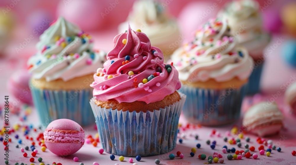 Pink cupcake with sprinkles and macaron on pink background. birthday parties or celebrations. Pink cupcake with sprinkles and macaron on pink background. birthday parties or celebrations.
