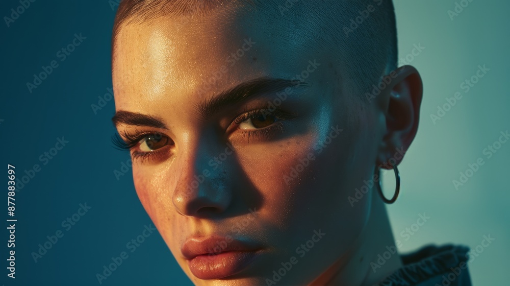 close-up portrait of a woman with a shaved head and hoop earrings, lit with dramatic lighting close-up portrait of a woman with a shaved head and hoop earrings, lit with dramatic lighting