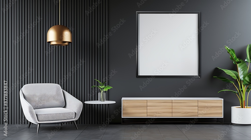 3D rendering of an empty picture frame on the wall in an interior design living room with dark grey walls and black vertical slats, modern furniture with an armchair and coffee table, a wooden 3D rendering of an empty picture frame on the wall in an interior design living room with dark grey walls and black vertical slats, modern furniture with an armchair and coffee table, a wooden