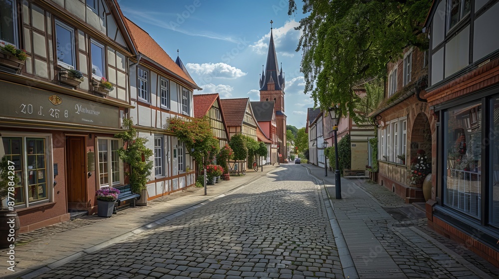 Obraz premium Ritterstrasse and Saint John's (Johannis) Church stand prominently in the charming old town center of Verden an der Aller, nestled in Lower Saxony, Germany.