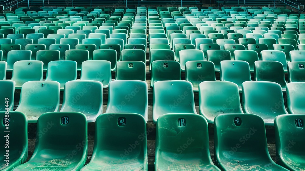 Naklejka premium The outdoor sport stadium in Singapore features rows of multilevel, empty light green plastic grandstand seats