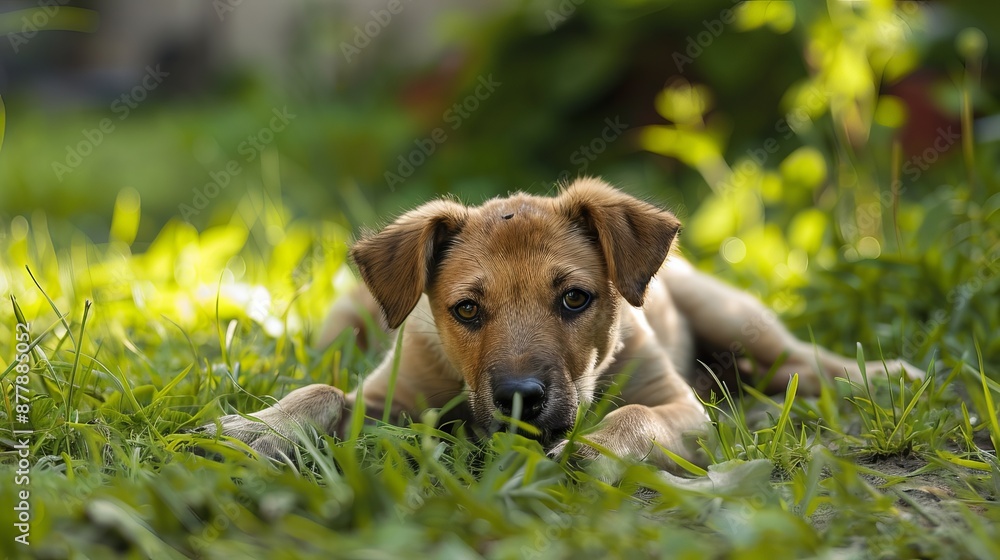 A stray dog rests peacefully on the lush green grass, embodying a moment of tranquility in its surroundings. A stray dog rests peacefully on the lush green grass, embodying a moment of tranquility in its surroundings.