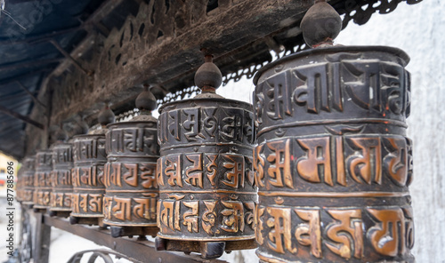Prayer wheels at Swayambhu or Swayambhunath Temple. Kathmandu
