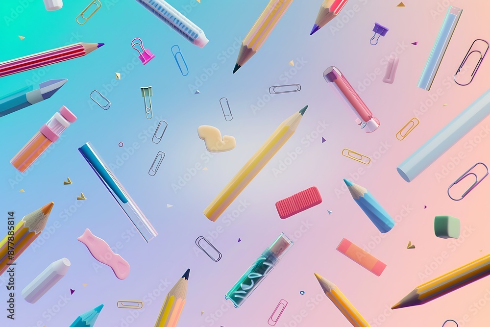An array of levitating stationery items like pencils, erasers, and paper clips arranged in a mesmerizing pattern against a gradient background. An array of levitating stationery items like pencils, erasers, and paper clips arranged in a mesmerizing pattern against a gradient background.
