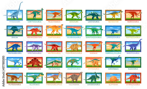 Prehistoric dinosaurs vector set. Ancient reptiles, dino animals and creatures from mesozoic era labeled with its species name. Educational paleontological infographics of ancient extinct ecosystem