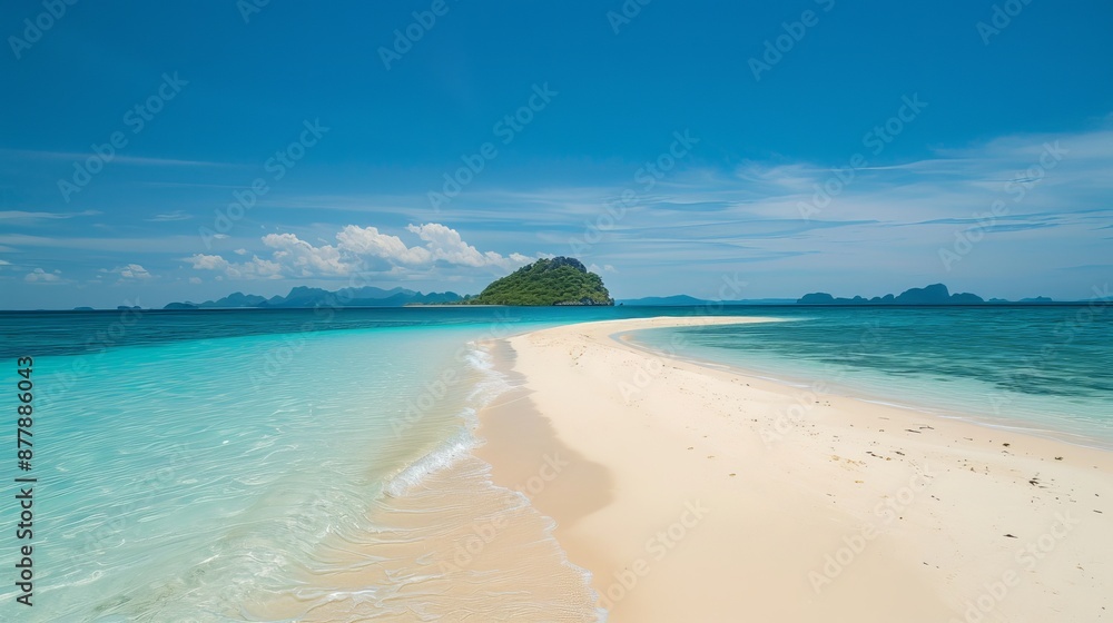 A pristine white sand beach with clear blue sea and an island in the background. A pristine white sand beach with clear blue sea and an island in the background.