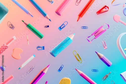 An array of levitating stationery items like pencils, erasers, and paper clips arranged in a mesmerizing pattern against a gradient background.