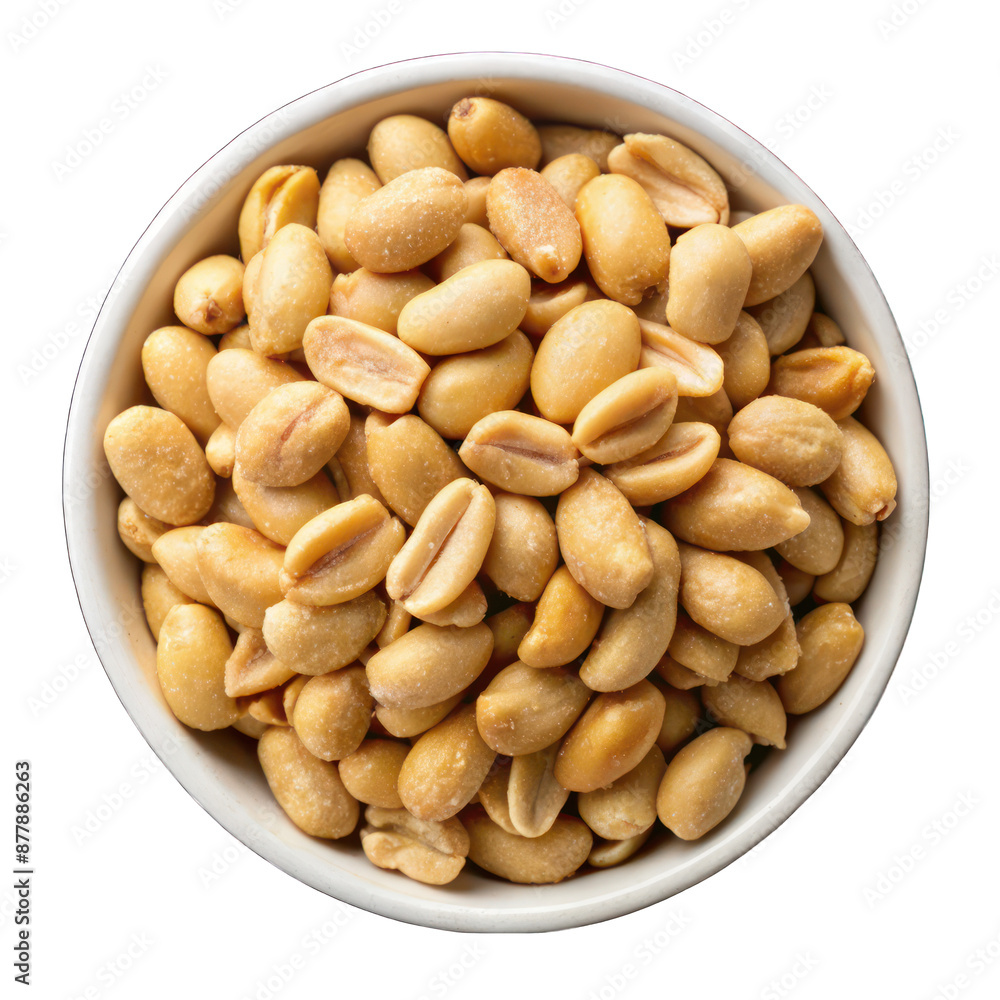 Roasted salted peanuts on white bowl top view isolated on transparent background Roasted salted peanuts on white bowl top view isolated on transparent background