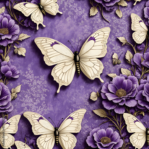 The shabby chic ivory lace and purple flowers, along with the delicate purple butterflies and bees, create a whimsical and enchanting atmosphere. The calligraphy writing on the beautifully aged distre photo