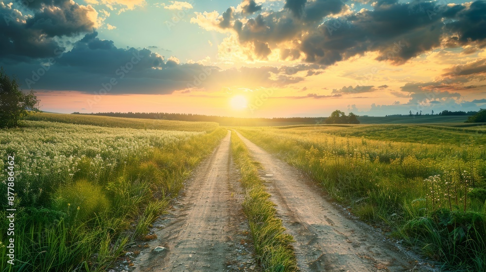 Sun-drenched path through a field at sunset. Golden hour light illuminates the grassy landscape. Sun-drenched path through a field at sunset. Golden hour light illuminates the grassy landscape.