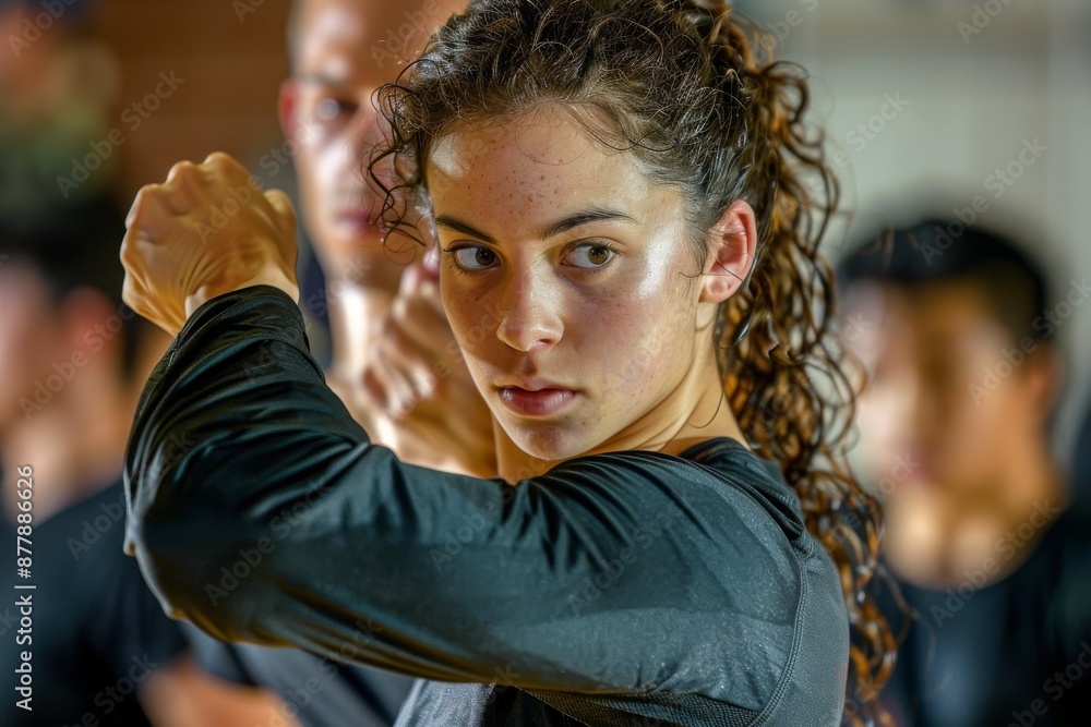 A young woman with curly brown hair practices Krav Maga self-defense techniques during a training session. She is focused and determined, with her eyes locked on the target A young woman with curly brown hair practices Krav Maga self-defense techniques during a training session. She is focused and determined, with her eyes locked on the target