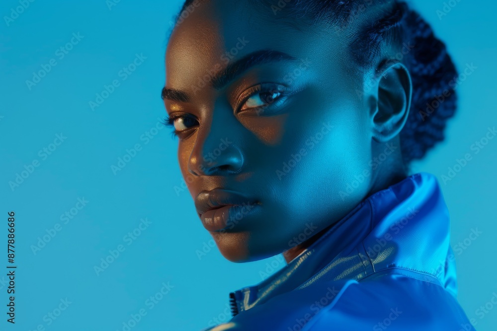 A determined athlete in a blue tracksuit looks directly at the camera, bathed in blue light against a minimalist blue background A determined athlete in a blue tracksuit looks directly at the camera, bathed in blue light against a minimalist blue background