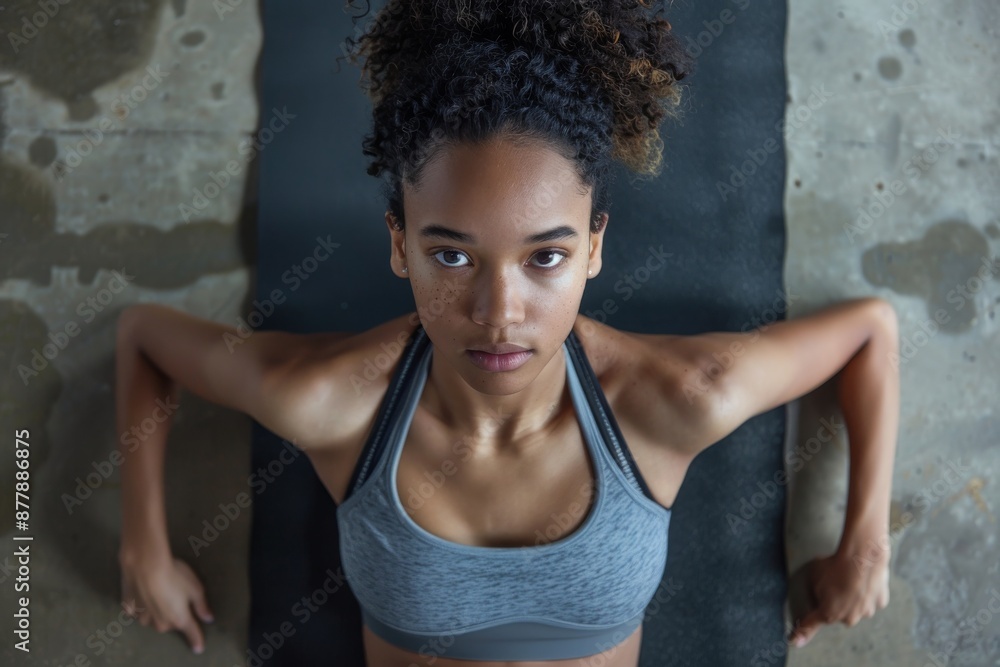 A fit young woman with dark hair in a ponytail performs crunches on a black yoga mat in a gym studio A fit young woman with dark hair in a ponytail performs crunches on a black yoga mat in a gym studio