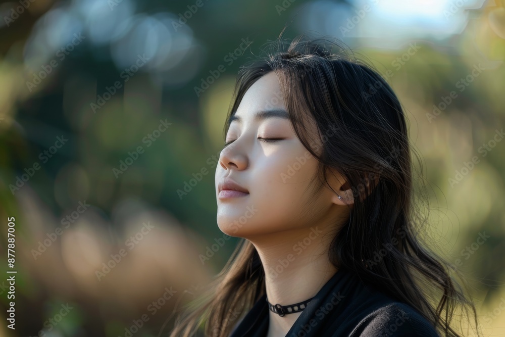 A young woman with long dark hair stands outdoors with her eyes closed and a serene expression, practicing mindfulness in a peaceful environment A young woman with long dark hair stands outdoors with her eyes closed and a serene expression, practicing mindfulness in a peaceful environment