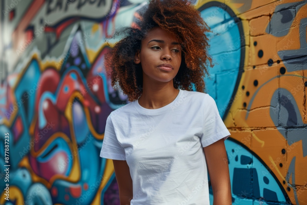 Fototapeta premium A young woman with curly hair wears a plain white t-shirt while standing against a vibrant graffiti-covered wall