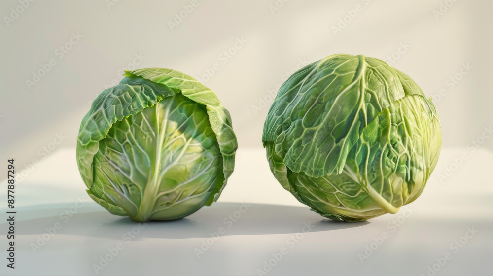 Fototapeta premium Two green cabbages sit alone on a white surface.