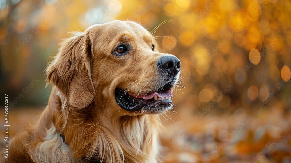 Golden Retriever Dog Portrait in Autumn Forest. Adorable pet with golden fur enjoying fall foliage. pet lovers and fall themed designs. Golden Retriever Dog Portrait in Autumn Forest. Adorable pet with golden fur enjoying fall foliage. pet lovers and fall themed designs.