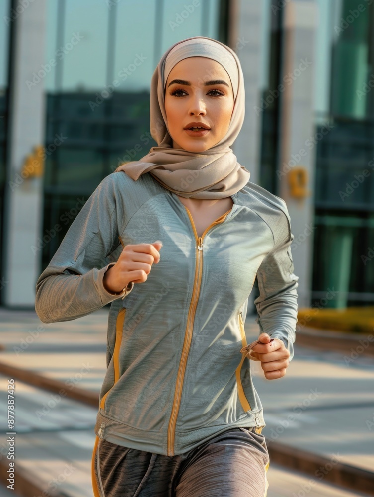 A woman wearing a hijab is seen running down the street A woman wearing a hijab is seen running down the street