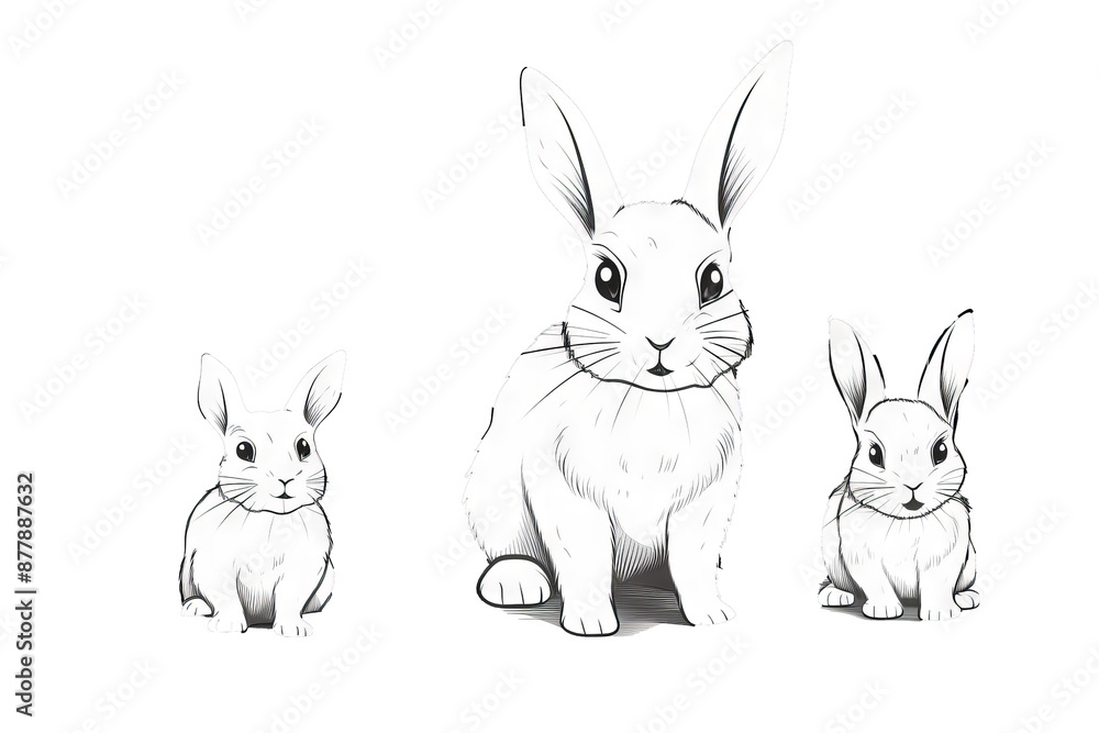 Fototapeta premium Adorable bunny rabbit outline sketch vector illustration in various poses, minimal bunny line art doodle, transparent background PNG