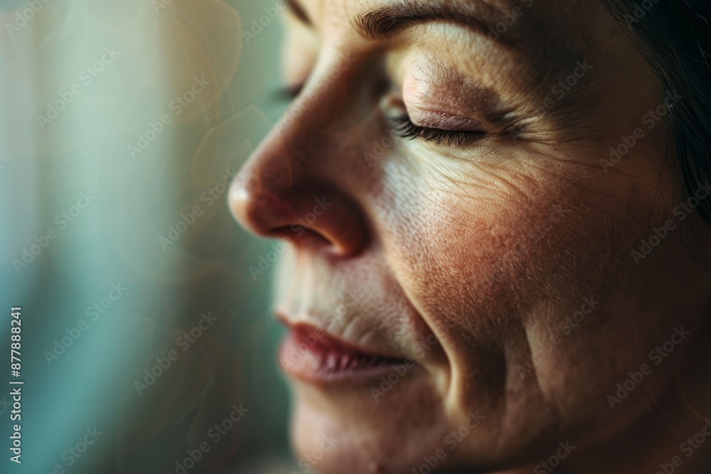 Obraz premium A close-up portrait of a mature woman with her eyes closed, meditating in a tranquil setting. Her face radiates serenity and focus as she finds inner peace