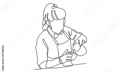 continuous line art of barista at work in a cafe