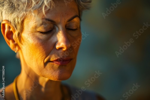 A mature woman with short, gray hair sits with her eyes closed and a serene expression, bathed in warm, golden light