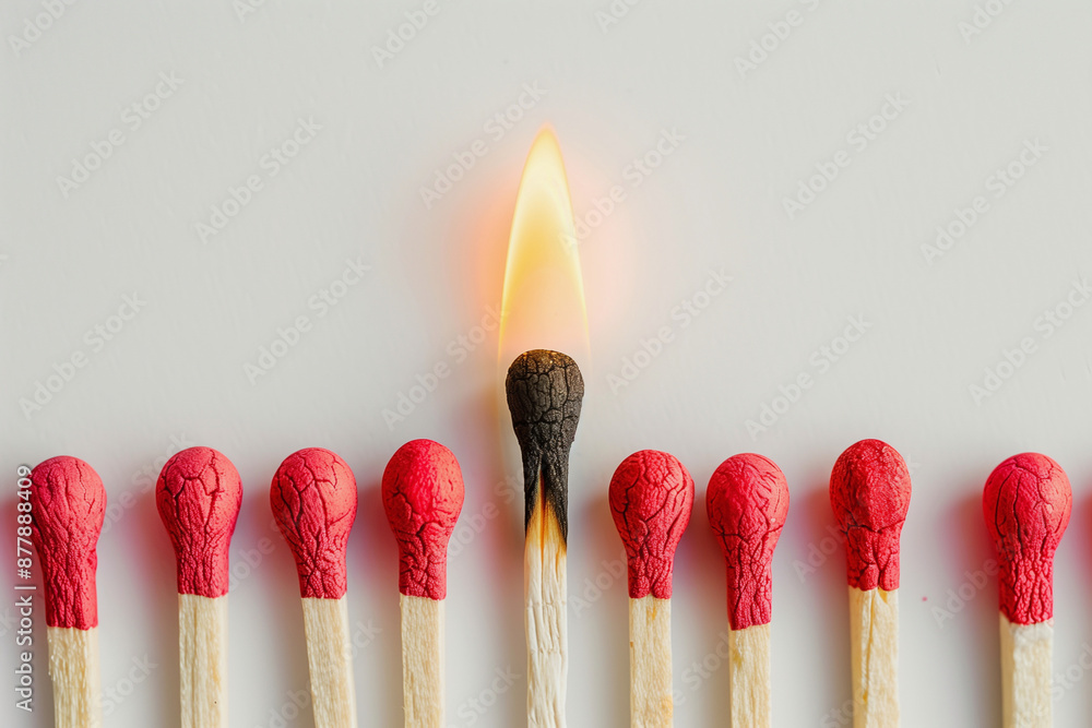 row of red and white matches with one of them having a single flame. Concept of a single spark or idea that can ignite a larger flame or movement row of red and white matches with one of them having a single flame. Concept of a single spark or idea that can ignite a larger flame or movement