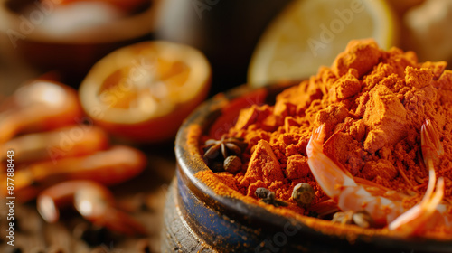 Astaxanthin Powder Close-up in Lively Seafood and Antioxidant Health Background, Ideal for Nutritional Supplements Ads photo