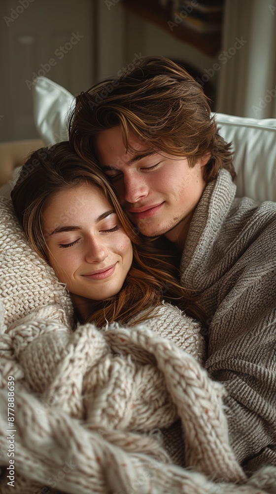 A warm, cozy setting featuring a happy couple enjoying a series of cuddle positions, surrounded by soft pillows and blankets, creating an inviting and comfortable atmosphere A warm, cozy setting featuring a happy couple enjoying a series of cuddle positions, surrounded by soft pillows and blankets, creating an inviting and comfortable atmosphere