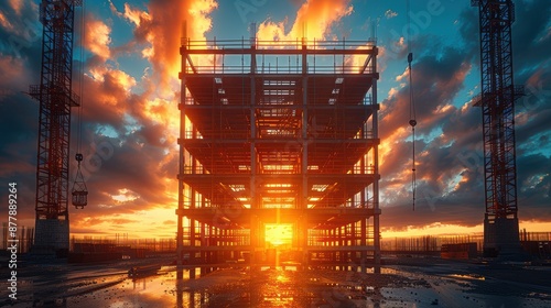 Wallpaper Mural Sunset shines through an unfinished building structure, with dramatic clouds and construction cranes in the background. Torontodigital.ca