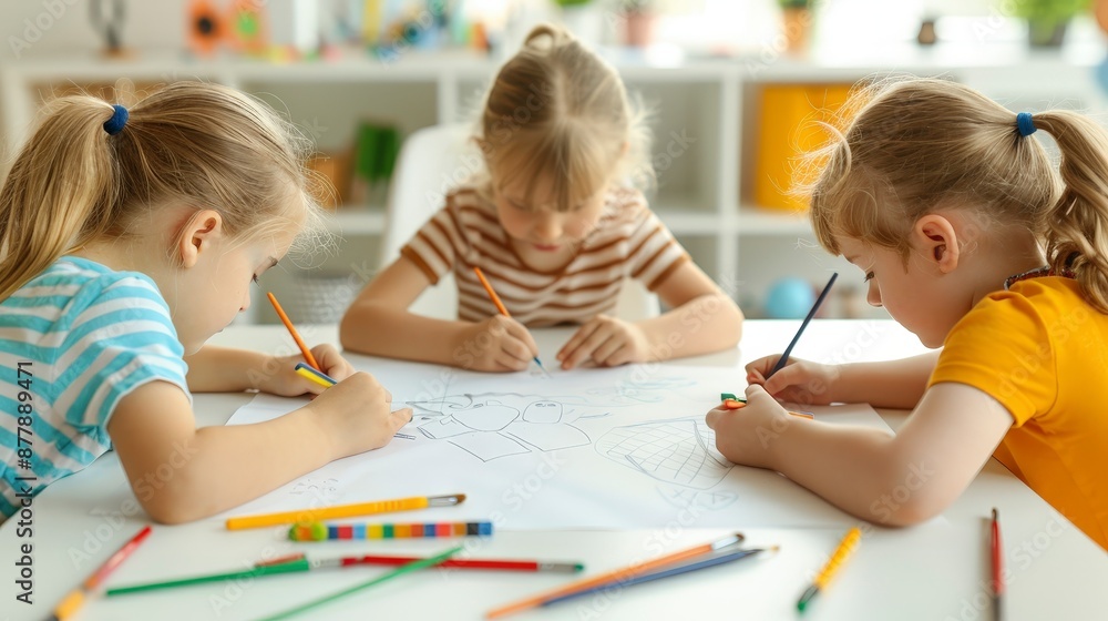 Kids Drawing Together at a Table. Kids Drawing Together at a Table.