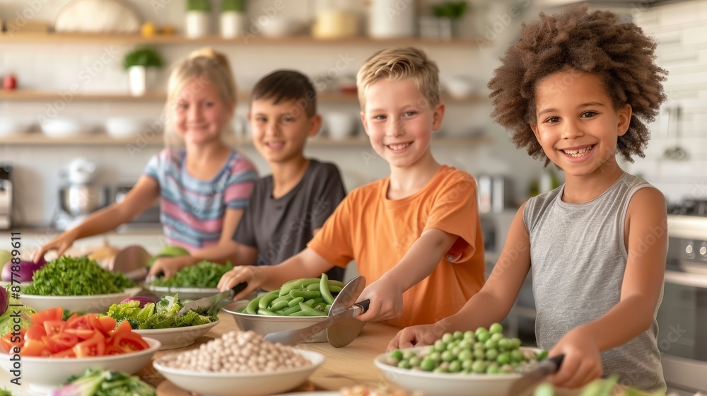 Happy Kids Preparing Healthy Meal in Kitchen. Happy Kids Preparing Healthy Meal in Kitchen.