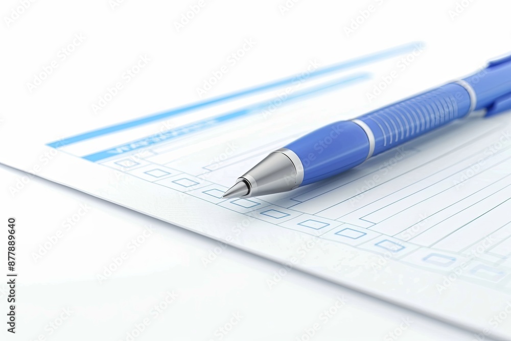 3D Checklist with Blue Pen on White Background, Close-Up View. Concept of Organization, Planning, and Task Management. 3D Checklist with Blue Pen on White Background, Close-Up View. Concept of Organization, Planning, and Task Management.
